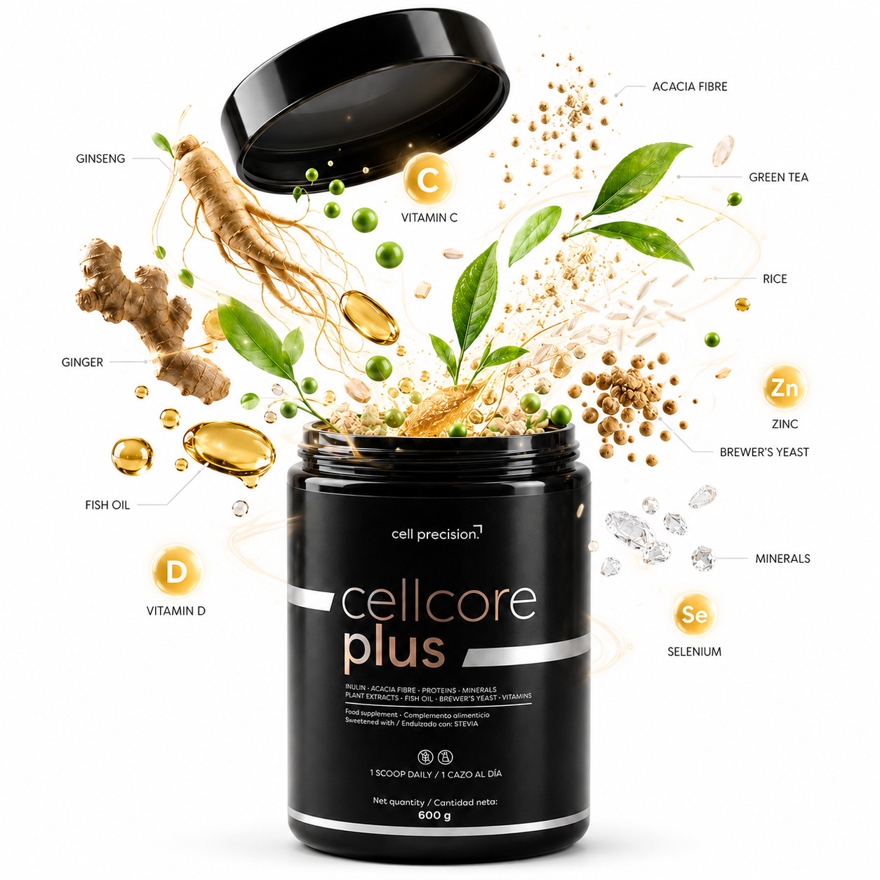 Cellcore Plus™ — ingredientes flotando sobre el bote: ginseng, jengibre, té verde, fibra de acacia, omega-3, vitaminas y minerales